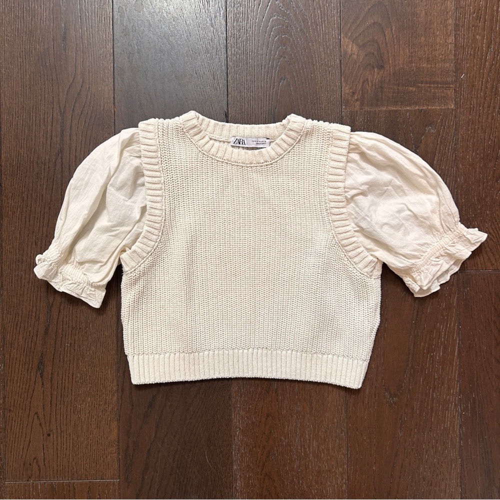 Boho Crochet Knit Crop Top with Ruffle Sleeves Cream White Size Medium